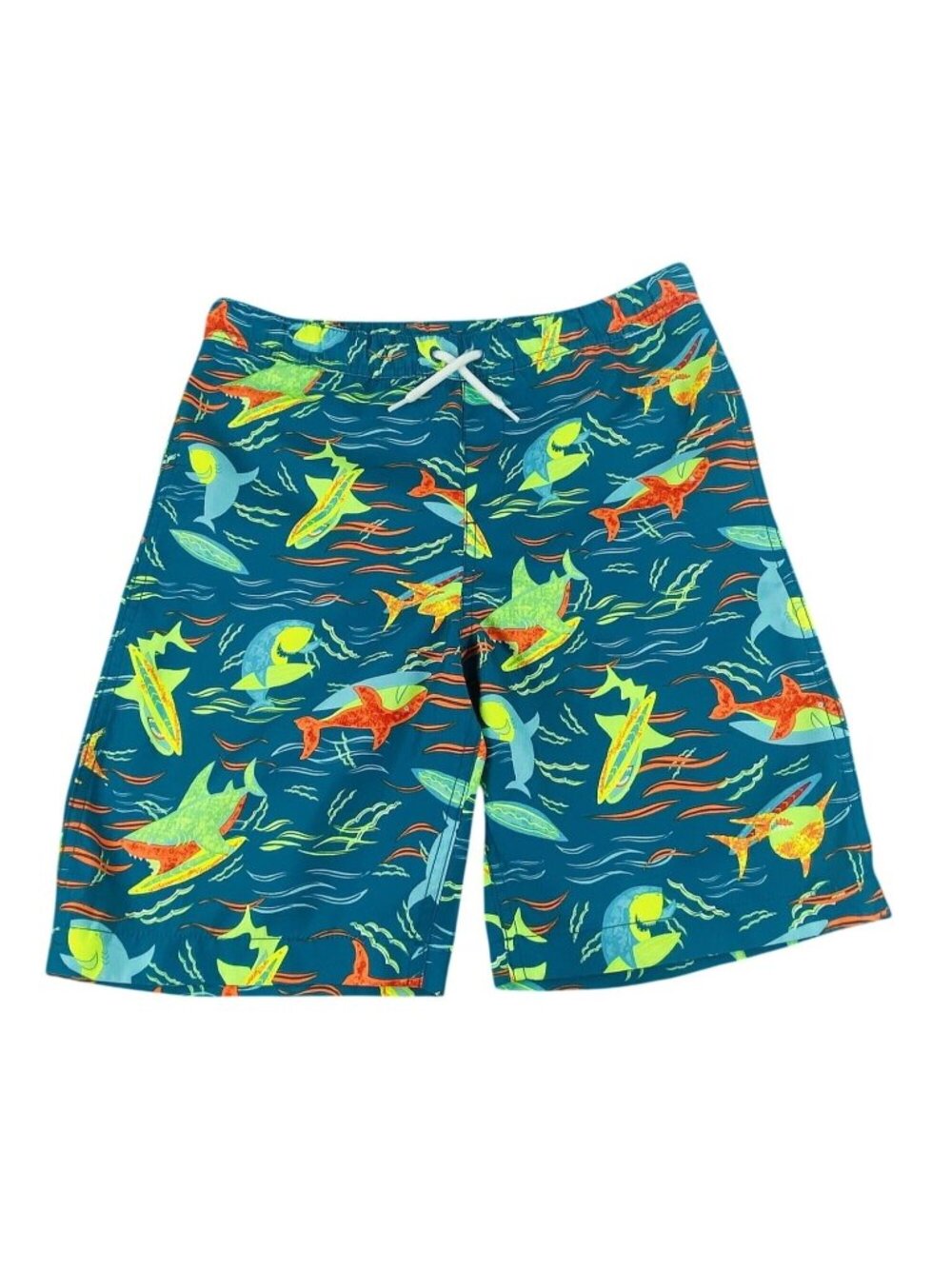 Boys Lands End Shark Print Swim Trunks XL (14-16) Elastic Waist Blue Multicolor